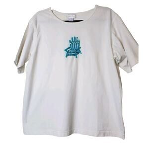 Casey Coleman XL Embroidered Top Women TSHIRT‎ White Beach Chair 100% Cotton vtg